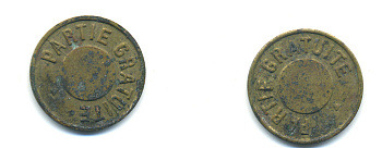 ФРАНЦИЯ ЖЕТОН НАЧАЛО XX ВЕКА d 18 мм, вес около 2,1 гр, PARTIE GRATUITE (ЧАСТЬ БЕСПЛАТНО) латунь 89-1014