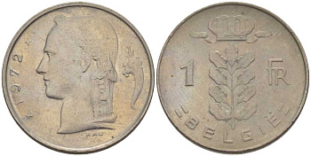 БЕЛЬГИЯ 1 ФРАНК 1972 BELGIE, БОДУЭН I (1951-1993) KM 143.1 медно-никель 202-1046