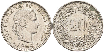 Швейцария 20 раппенов 1964 B KM 29a медно-никель 55-835