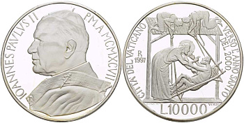 Ватикан 10000 лир 1997 Иоанн Павел II (1978-2005), исцеление Христом парализованного KM 318 серебро  PROOF  1085-6-52