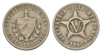 Куба 5 сентаво 1946 звезда, первая Республика (1902-1961) KM 11.3 медно-никель 4623-827