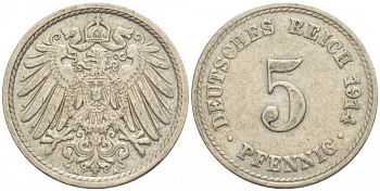 ГЕРМАНИЯ 5 ПФЕННИГОВ 1914 A, KM 11, J. 12 медно-никель 4532-544