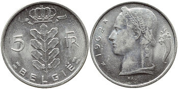 БЕЛЬГИЯ 5 ФРАНКОВ 1962 BELGIE KM 135.1 медно-никель 4395-521