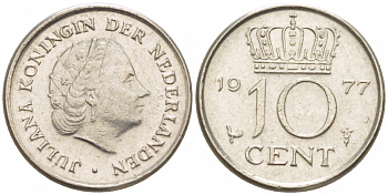 НИДЕРЛАНДЫ 10 ЦЕНТОВ 1977 ЮЛИАНА KM 182 никель 4547-849
