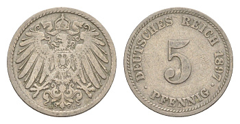 Германия 5 пфеннигов 1897 D, Вильгельм II (1888-1918) KM 11, J. 12 медно-никель 4639-1263