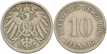ГЕРМАНИЯ 10 ПФЕННИГОВ 1896 F KM 12, J. 13 медно-никель 4401-1011