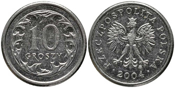 Польша 10 грошей 2004 MW KM 279 медно-никель 201-447