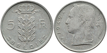 Бельгия 5 франков 1949 Belgie, Леопольд III (1934-1951) KM 135.1 медно-никель 4391-1257