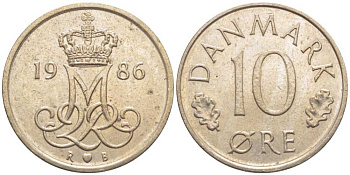 Дания 10 эре 1986 R; B, Маргрете  II (1972-2024) KM 860.3 медно-никель 116-256