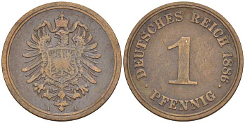 ГЕРМАНИЯ 1 ПФЕННИГ 1886 A, СТАРОГЕРБОВКА KM 1, J. 1, Weege 1 медь 206-1051