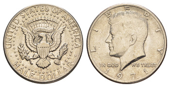 США 1/2 доллара (50 центов) 1971 Джон Кеннеди KM 202b медь плакированная медно-никелем aUNC 4131-1211