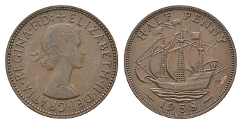 Великобритания 1/2 пенни 1958 Елизавета II (1952-2022) KM 896, Spink 4158 бронза 4662-1145