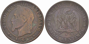 ФРАНЦИЯ 5 САНТИМОВ 1862 A, НАПОЛЕОН III (1852-1870) KM 797.1, LE FRANC 117.5 бронза 108-525