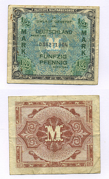 ГЕРМАНИЯ 1/2 МАРКИ 1944 9 ЦИФР В НОМЕРЕ, ОККУПАЦИЯ ГЕРМАНИИ, ВТОРАЯ МИРОВАЯ ВОЙНА Pick 191а бумага 6300-13-1-2