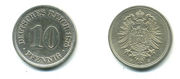 ГЕРМАНИЯ 10 ПФЕННИГОВ 1875 J, СТАРОГЕРБОВКА KM 4, J.4 медно-никель 23-743