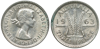 Австралия 3 пенса 1963 m, Елизавета II (1952-2022) KM 57 серебро 71-854