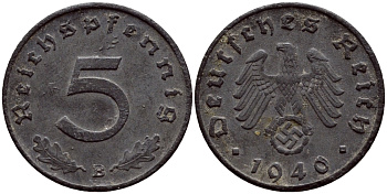 ГЕРМАНИЯ 5 РЕЙХСПФЕННИГОВ 1940 B, KM 100, J. 370 цинк 4387-1259