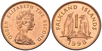 Фолклендские острова 1 пенни 1998 Елизавета II (1952-2022), папуанский пингвин KM 2 a сталь плакированная медью 220-915