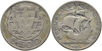 Португалия 5 эскудо 1934 КМ 581 серебро 202-416