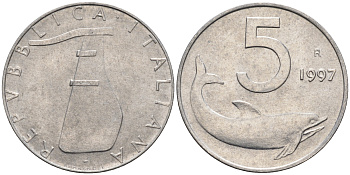 Италия 5 лир 1997 R, дельфин KM 92 алюминий  UNC  4594-664