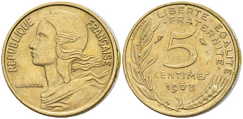 Франция 5 сантимов 1968 тип Марианна KM 933 никель алюминий медь    4594-1125