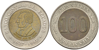 ЭКВАДОР 100 СУКРЕ 1997 АНТОНИО ХОСЕ де СУКРЕ, 70 ЛЕТ ЦЕНТРАЛЬНОМУ БАНКУ KM 101 биметалл 66-925