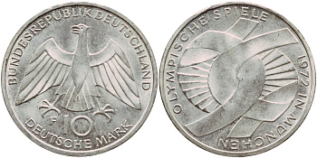 ФРГ 10 марок 1972 F, XX летние Олимпийские игры 1972 года в Мюнхене, символика KM 131, J.402 серебро aUNC 1522-345