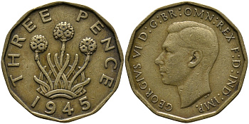 Великобритания 3 пенса 1945 Георг VI (1936-1952) KM 849, Spink 4112 никель латунь 72-445