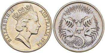 Австралия 5 центов 1994 Елизавета II (1952-), ехидна KM 80 медно-никель UNC 105-324