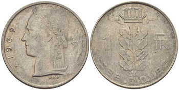 БЕЛЬГИЯ 1 ФРАНК 1969 BELGIQUE, БОДУЭН I (1951-1993) KM 142.1 медно-никель 202-1036