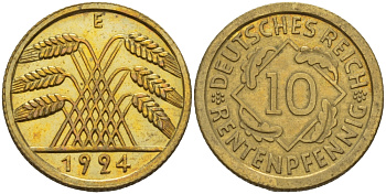 Германия 10 рентенпфеннигов 1924 E J. 309, KM 33 алюминиевая бронза PROOF 00-817-18