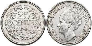 Нидерланды 25 центов 1941 Вильгельмина (1890-1948) KM 164 серебро 4549-1059