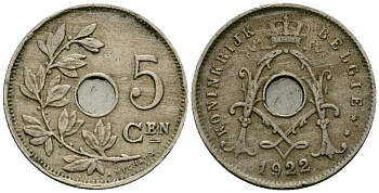 Бельгия 5 сантимов 1922 Belgie KM 67 медно-никель 4173-246