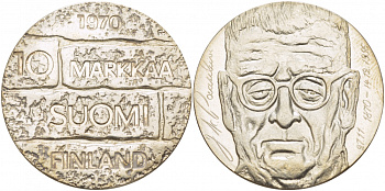 Финляндия 10 марок 1970 S-H, день рождения президента Юхо Паасикиви KM 51 серебро UNC 1515-1414