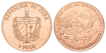 Куба 1 песо 1994 500 лет открытию острова Эвангелиста, клад пиратов KM 606 медь  UNC  00-00