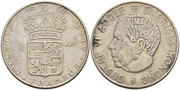 Швеция 1 крона 1957 TS, Густав VI Адольф (1950-1973) KM 826 серебро 4148-1155