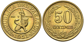 Парагвай 50 сентимо 1951 лев, фригийский колпак на шесте KM 24 алюминиевая бронза  aUNC  4177-612