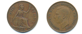 Великобритания 1 пенни 1944 Георг VI (1936-1952) KM 845, Spink 4114 бронза 89-213