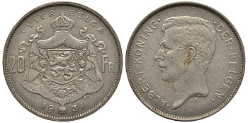 БЕЛЬГИЯ 20 ФРАНКОВ 1931 АЛЬБЕРТ, DER BELGEN KM 102 никель 3896-1241