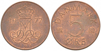 ДАНИЯ 5 ЭРЕ 1977 S; B, МАРГРЕТЕ II (1972-) KM 859.1 железо плакированное медью 3309-125