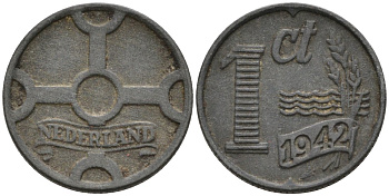 Нидерланды 1 цент 1942 Вильгельмина (1890-1948) KM 170 цинк 3458-158