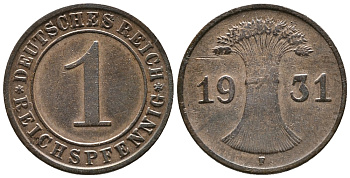ГЕРМАНИЯ 1 РЕЙХСПФЕННИГ 1931 F KM 37, J. 313 бронза 39-1052