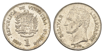 Венесуэла 1 боливар 1989 Симон Боливар, тонкий шрифт Y 52a.1 сталь плакированная никелем 4662-845