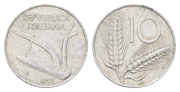 Италия 10 лир 1952 R, плуг, колосья KM 93 алюминий 4704-522