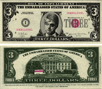 США 3 доллара 1998 сувенирная банкнота, импичмент Биллу Клинтону, Клинтон с синяком и подпись обвиняемый EMBARRASSED STATES OF AMERICA   бумага  UNC (пресс) 7198-29-1-2