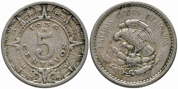 МЕКСИКА 5 СЕНТАВО 1936 КАЛЕНДАРЬ АЦТЕКОВ KM 423 медно-никель 100-828