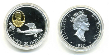 Канада 20 долларов 1992 самолет Кёртис JN-4, промышленник Фрэнк Уилтон Бейли, оригинальная коробочка, сертификат KM 224 серебро, позолота PROOF 5-4-5-20