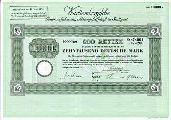 ФРГ 10000 марок 1974 Акционерное общество по страхованию от пожаров Вюртемберга, 200 акций   бумага   8803-40-1