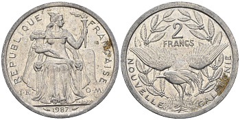 Французская Новая Каледония 2 франка 1987 птица кагу, (IEOM) KM 14, Schoen 11, Lec 64 алюминий    08-1222