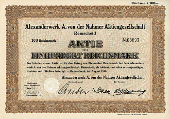 Германия 100 рейхсмарок 1937 Александрверк А. фон дер Нахмер АГ Ремшайд, акция   бумага  8803-107-1